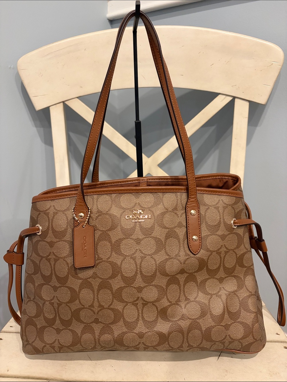 Coach Brown Signature Canvas Tote with Leather Trim